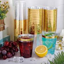10pcs 200ml Gold Rimmed Transparent Flat Bottom Cups, Elegant Gold Edged Cups, Suitable For Weddings, Thanksgiving, Christmas - Gold - View 4