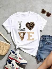 Solt 1pscCamiseta de algodón de manga corta con cuello redondo, Camiseta de verano casual suave para mujer con cuello redondo y manga corta, Camiseta de mujer de con cuello redondo, estampado de leopardo y gráfico de letras, de estilo casual, Tops para salir, Algodón, Vintage, Estilo urbano europeo y americano, Deportivo casual, Estilo unisex, Estilo casual urbano, Tops bonitos, G.100% algodón con estampado gráfico - Blanco - Ver 2
