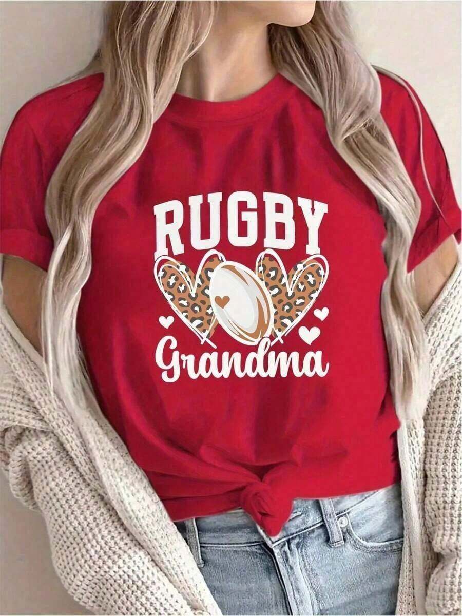Solt 1 pieza [Recomendación de Nueva Llegada] Camiseta con Estampado de Abuela Jugando Rugby, Casual para Mujer, Vacaciones, Manga Corta, Cuello Redondo, Primavera Verano, Lavable a Máquina, Nueva Moda Femenina, Estilo Urbano Versátil, Efecto Adelgazante, Ropa Deportiva de Invierno para Mujer, 100% Algodón con Estampado Gráfico - Rojo - Ver 1