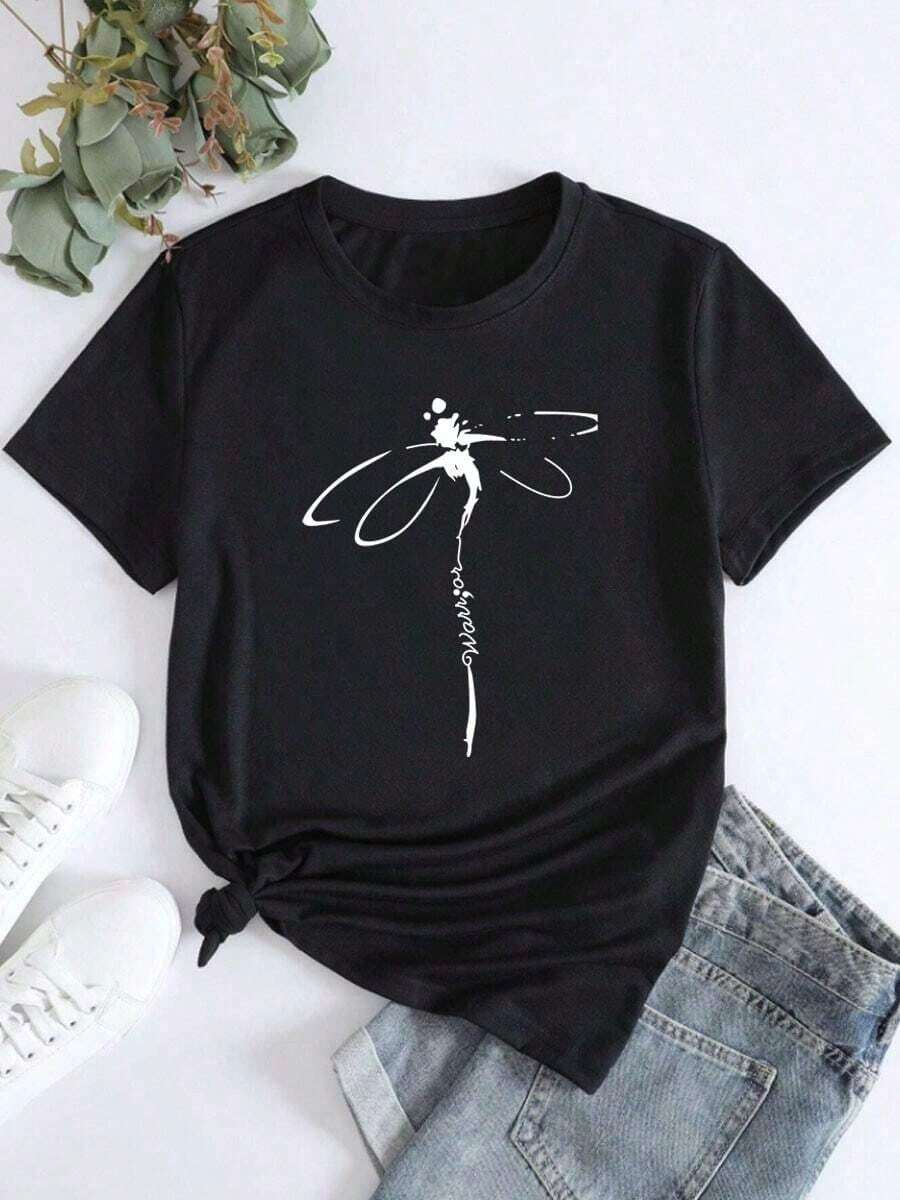 Camiseta casual holgada para mujer con estampado de libélula, suave y cómoda, sencilla y elegante, a precio asequible. - Negro - Ver 1