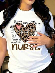 Women's T-Shirt With Pink Leopard Heart And Nurse Print, Round Neck, Short Sleeve, Black, Soft, Breathable, Comfortable, Medical Gift T-Shirt For Healthcare Workers, Fun Outfit For Nurses, Perfect For Daily Work And Casual Leisure Occasions, Basic Top For Ladies, Casual Daily. - 白色 - 查看 6