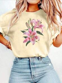 Summer T-Shirt With Lily Graphic Print, Short Sleeve, Round Neck, Casual Top For Women For Summer And Spring, Women's Clothing, Short Sleeve Cotton Casual T-Shirt For Summer Vacation - 杏色 - 查看 7