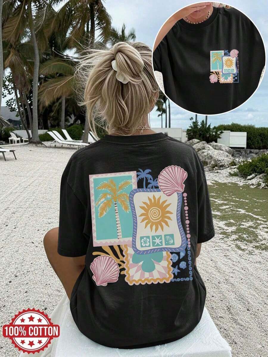 GiftCamiseta de verano casual para mujer con estampado de doble cara, estilo tropical con estampados de palmeras, conchas marinas y sol, manga corta, cuello redondo, extragrande y con hombros caídos, LanSoft - Negro - Ver 1