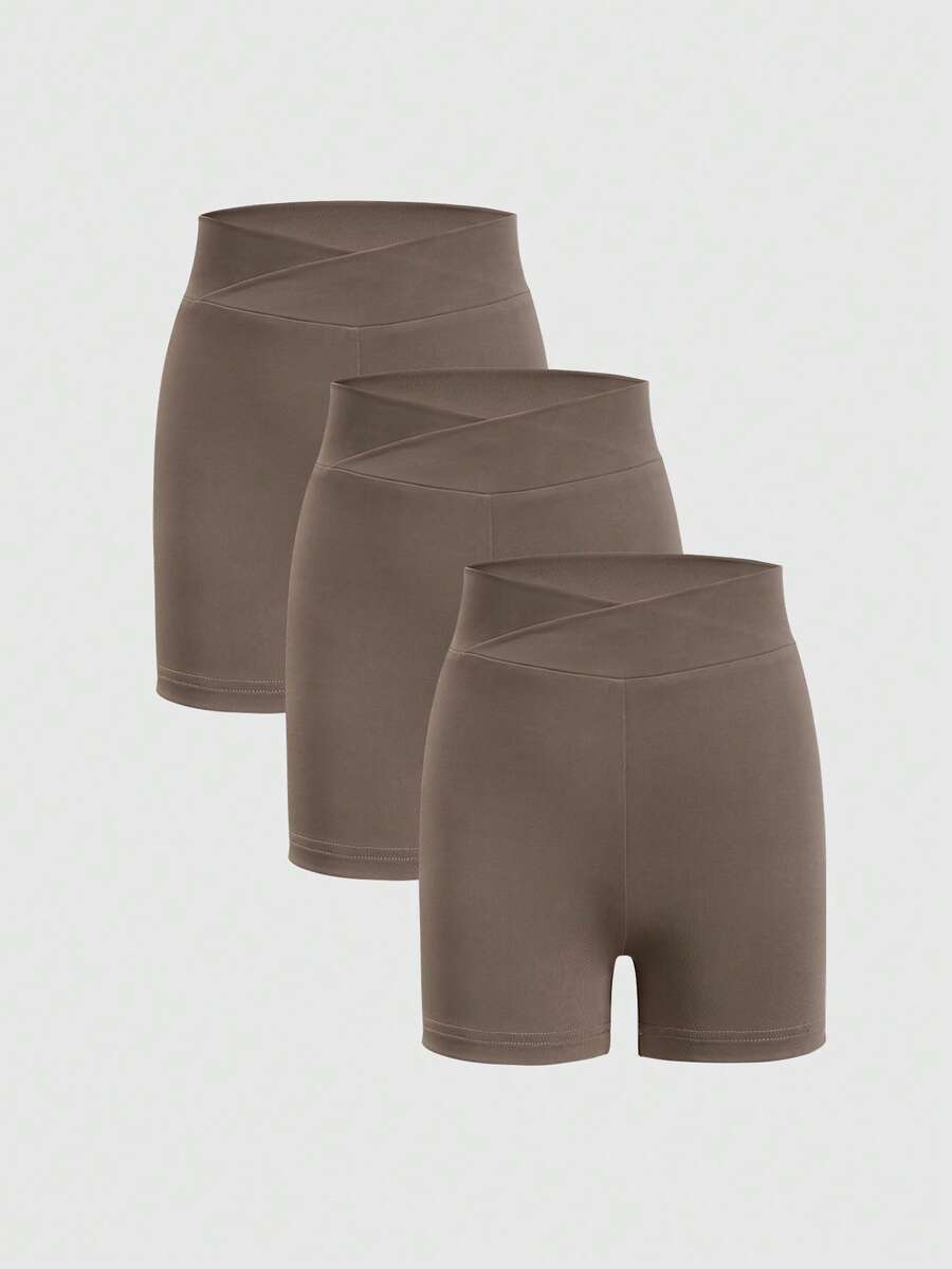 3pcs Girls' Solid Color Knit Casual Sports Shorts (YY783) - Brown - View 1