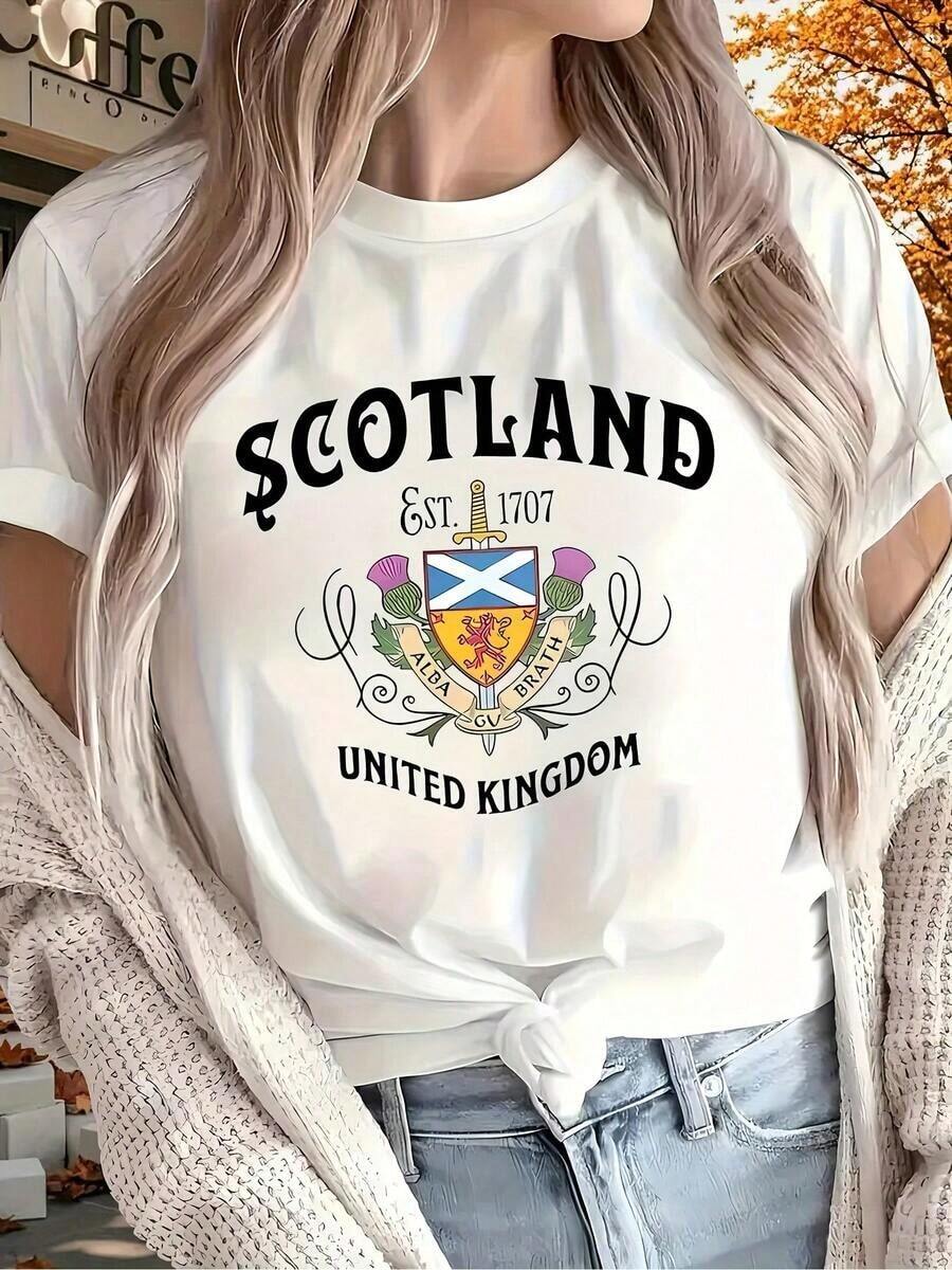 1 pieza de camiseta estampada de manga corta y cuello redondo, top casual de primavera-verano, ropa de mujer 100% algodón. - Blanco - Ver 1