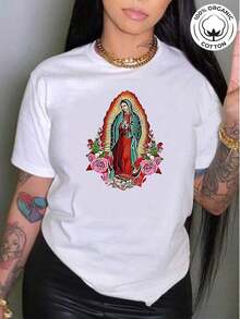 SummerBlusas de una pieza extra grandes para mujer, hermosas blusas para mujer, conjuntos de ropa para mujer, tienda local, y camiseta blanca de la Virgen de Guadalupe, estampado religioso, alta calidad, cuello redondo, corte holgado básico, para hombre y mujer, transpirable, versátil, lavable a máquina, cómoda, tallas S-2XL, para uso diario, casual, deportivo, esencial para el verano. 100% Algodón. Camiseta de manga corta para mujer, estilo básico que combina con todo, para uso interior y exterior. - Negro - Ver 8