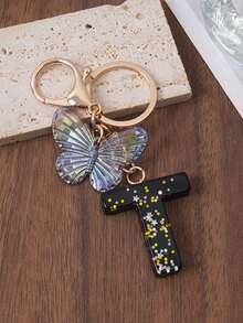 1pc A-Z Black Glitter Letter & Butterfly Keychain, Initial Resin Keyring, Holographic Butterfly Bag Charm, Car Key Accessory, Fashion Aesthetic Gift For Girls - Black - View 13