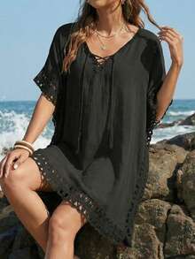 Vestido Playa Holgado para Mujer con Encaje Macramé y Cordón, Colores Azul, Negro y Blanco, Ideal para Verano - Negro - Ver 5