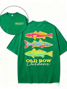 Men's Casual Summer Washed Cotton T-Shirt Old Row Outdoor Fish Print, Round Neck Short Sleeve Lightweight Knitted Fabric, Rib Details 100% Cotton - 純棉綠色 - 查看 9