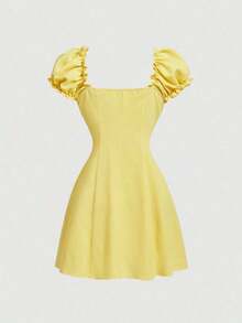 MOD Vestido camisa con botones de concha bordados en azul claro - Amarillo - Ver 4
