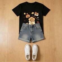 Tops para mujer Casual de Algodón para Mujer con Estampado de Capibara, Manga Corta y Cuello Redondo - Negro - Ver 4