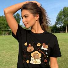 Tops para mujer Casual de Algodón para Mujer con Estampado de Capibara, Manga Corta y Cuello Redondo - Negro - Ver 7