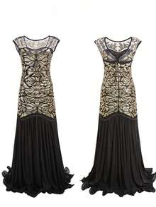 Women's Long Party Dress With V-Neck, Sequin And Lace Embroidery On The Top, Flowing Chiffon Skirt, Various Colors (Green, Black, Red, Champagne), Ideal For Banquets And Formal Events. - 金色 - 查看 7