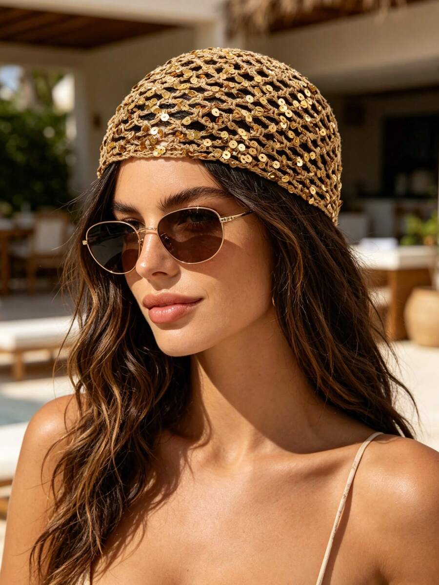 1 chiếc mũ len đính sequin phong cách Bohemian thời trang, phụ kiện tóc mùa hè cho nữ, thích hợp đi hồ bơi, bãi biển hoặc đi nghỉ mát. - Nhiều màu - Xem 1