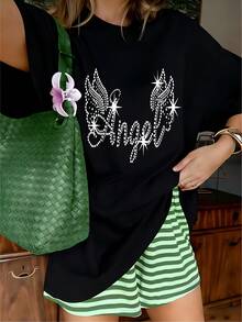 Glamorous Rhinestone Angel Wings Graphic T-Shirt, 100% Cotton Oversized Soft Breathable Sparkly Tee, Casual Crewneck Short Sleeve Top For Parties & Fashion Lovers - 黑色 - 查看 1