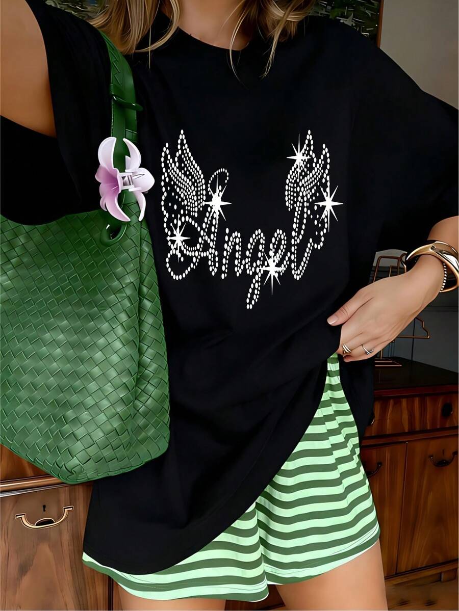 Glamorous Rhinestone Angel Wings Graphic T-Shirt, 100% Cotton Oversized Soft Breathable Sparkly Tee, Casual Crewneck Short Sleeve Top For Parties & Fashion Lovers - 黑色 - 查看 1