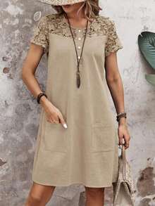 Vestido de verano casual y vintage para mujer con encaje empalmado - Albaricoque - Ver 6