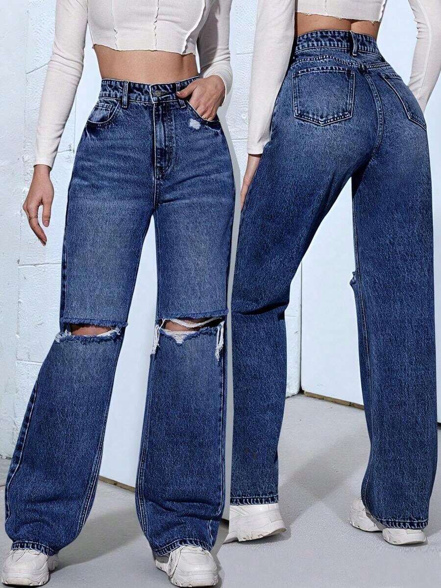 ICON Jeans desgarro de talle alto - Azul lavado oscuro - Ver 1