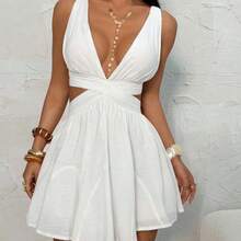 PETITE White Chiffon V-Neck Backless Tie Strap Mini Dress, White Dress, Graduation Dress, Vacation Dress, Spring/Summer ,Summer Dress - Blanco - Ver 4