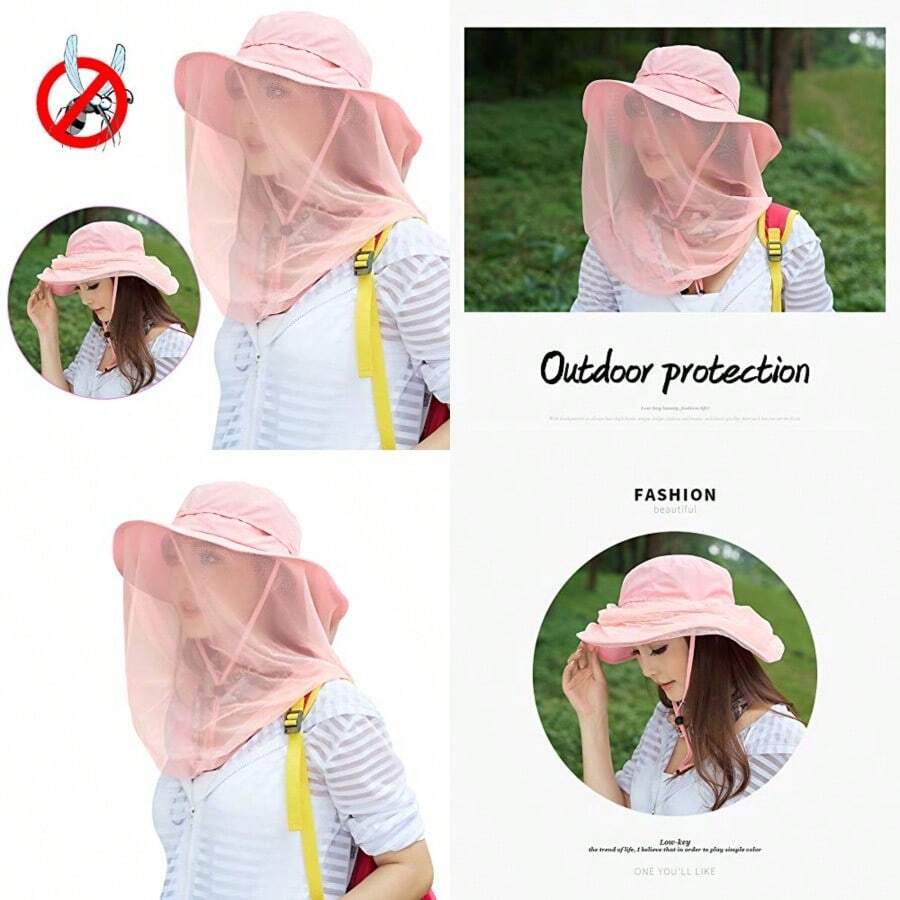 Mosquito Head Net Hat, Safari Sun Hat with Veil Mesh Protection from Insect - Rosado - Ver 1