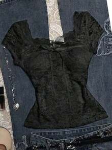 Blusa de encaje de unicolor elegante para mujer, de verano - Negro - Ver 3