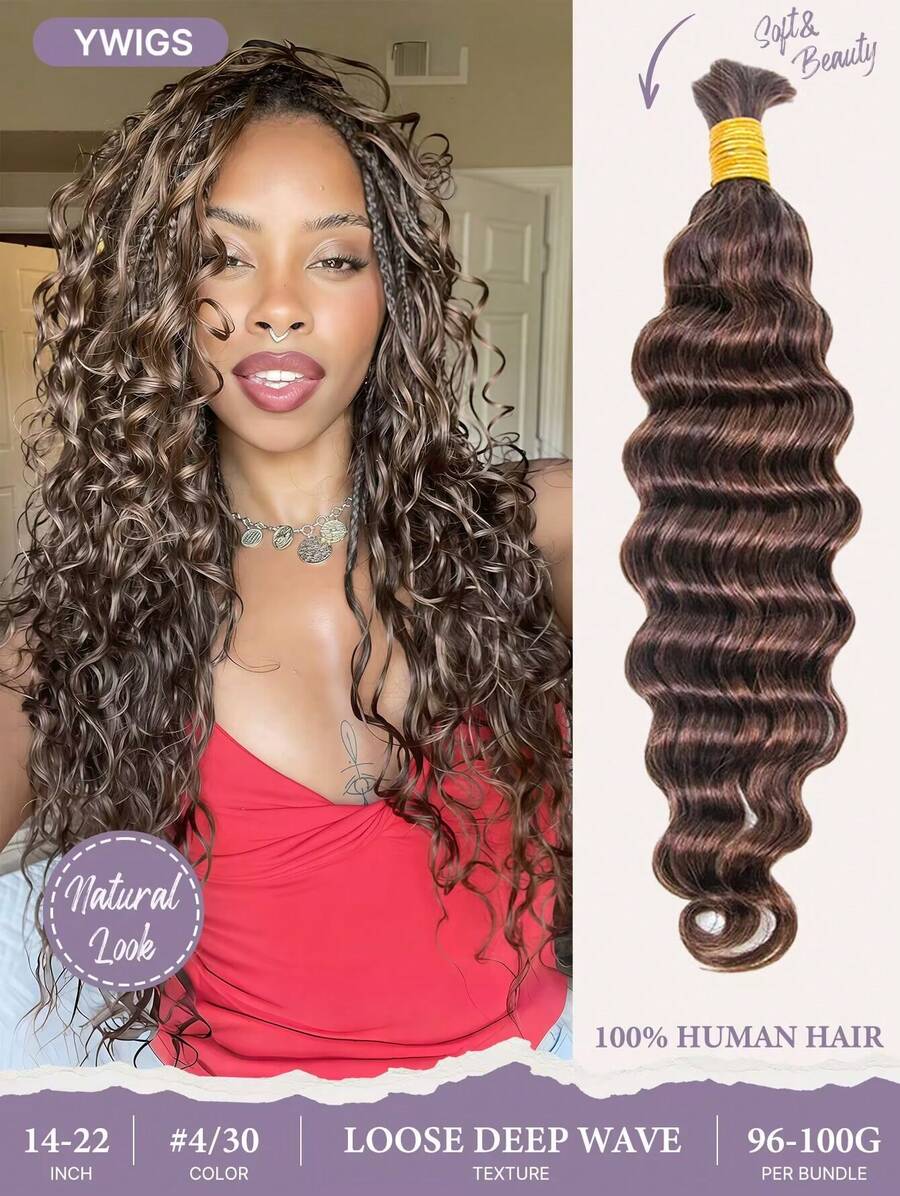 Y WIGS 100g 大宗人髮深波浪編髮髮束，混色 4/30#，16-20 英吋，適用於波希米亞編髮、無結編髮、足球賽、運動、日常穿著
