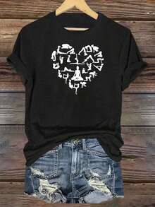 Yoga Enthusiast Print, Heart-Shaped Print, Comfortable And Soft T-Shirt, Short-Sleeve Crew Neck T-Shirt, Loose And Comfortable T-Shirt, Popular Print, Fun Print (Developed) - Unisex, Loose Fit - Comfortable Urban Vintage Style Cotton T-Shirt - 黑色 - 查看 1