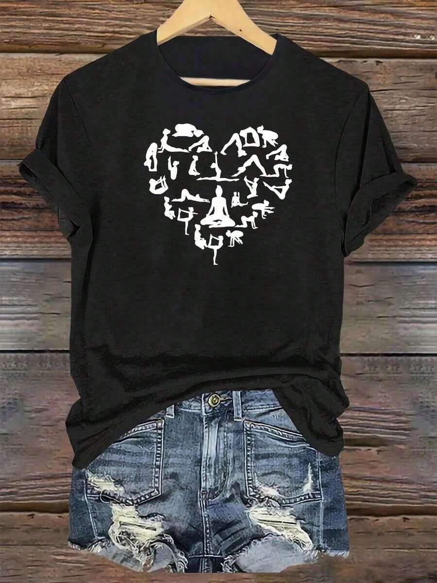 Yoga Enthusiast Print, Heart-Shaped Print, Comfortable And Soft T-Shirt, Short-Sleeve Crew Neck T-Shirt, Loose And Comfortable T-Shirt, Popular Print, Fun Print (Developed) - Unisex, Loose Fit - Comfortable Urban Vintage Style Cotton T-Shirt - 黑色 - 查看 1