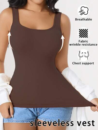 CELILIN Simple Solid Color U-Neck Wide Strap Shaping Top, High Elasticity Breathable Slim Fit Backless Wear-Anywhere Blouse