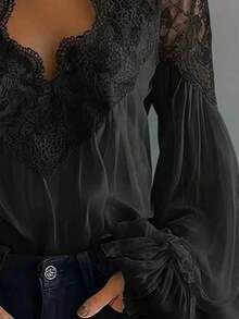 Plus Size Women's Lace Trim V-Neck Blouse, Long Sleeve Ruffle Cuff Chiffon Top - Black - View 3