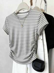 Camiseta casual de mujer con estampado digital a rayas y cordón en la cintura, un gran regalo para amigos - Multicolor 3 - Ver 4