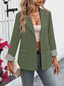 Clasi Chaqueta ligera de estilo casual de negocios para mujer, con cuello de solapa, apta para el lugar de trabajo, de unicolor, para primavera/otoño - Verde Oliva - Ver 5