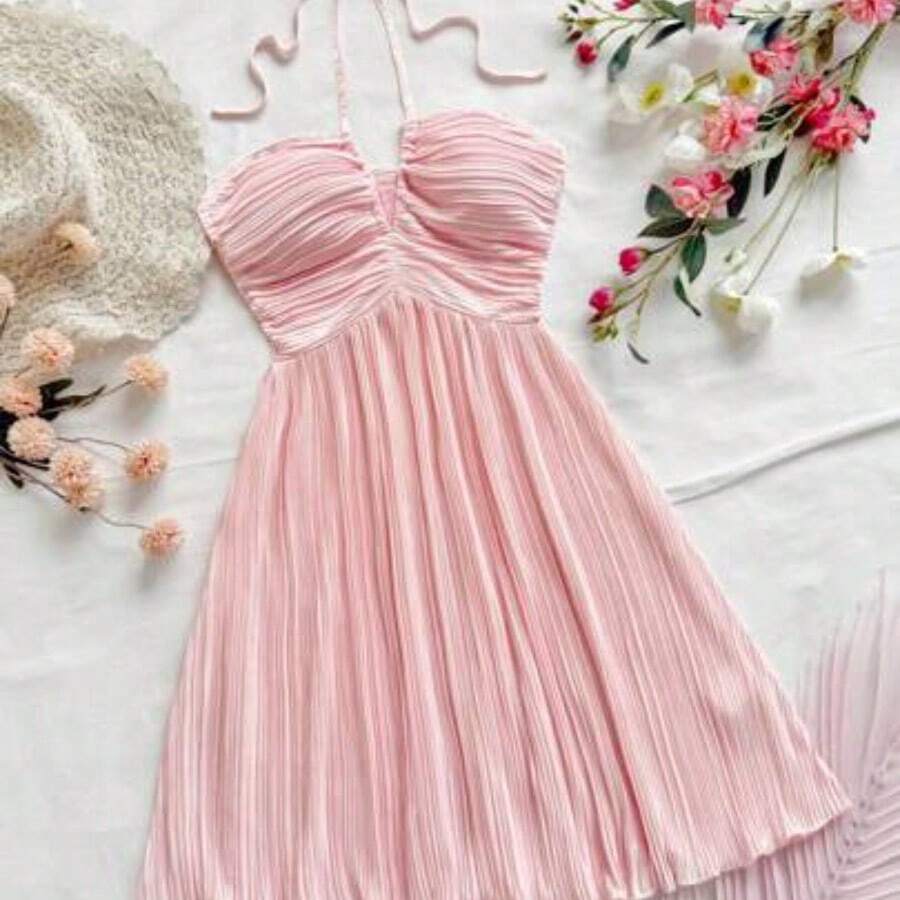 Easter Outfit Women Boho Women's Clothing Milkmaid Dress Women Easter Graduation Dress Summer Outfits For Women Summer Easter Dress Women Vacation Outfits Women Women's Solid Color Pleated Fashion Halter Mini Dress, Summer Dresses For Women - Rosa - Ver 1