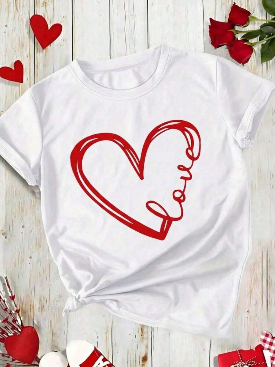 SimpieAndVersatileDesignMujer casual blusa urbana corazón LOVE artístico estampado blanco tela suave diseño holgado cuello redondo manga corta primavera verano uso diario y reuniones blusaCottonT-Shirt - Blanco - Ver 1