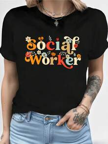 Talla Grande - Talla Grande - Camiseta de Mujer con Estampado Floral para Trabadora Social | Manga Corta Casual, Cuello Redondo, Tejido Ligeramente Elástico, Comodidad para Todas las Estaciones, Top Estampado Drtido, I para Otoño e Invierno, Regalos de Año Nuevo - Negro - Ver 2