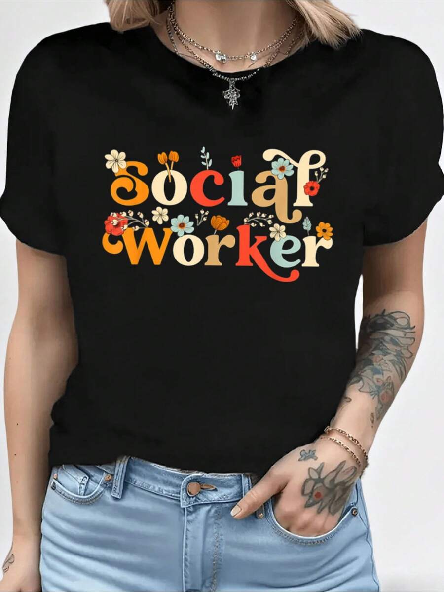 Talla Grande - Talla Grande - Camiseta de Mujer con Estampado Floral para Trabadora Social | Manga Corta Casual, Cuello Redondo, Tejido Ligeramente Elástico, Comodidad para Todas las Estaciones, Top Estampado Drtido, I para Otoño e Invierno, Regalos de Año Nuevo