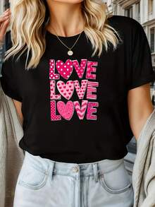 Talla Grande - Talla Grande - Camiseta Negra de Manga Cortara Mujer con Corazón y Bloques de Color | Cuello Redondo Casual, Patrón Geométrico, Tejido Ligeramente Elástico, Lavable a Máquina, I para Citas Románticas y Regalo de San Valentín - Negro - Ver 2