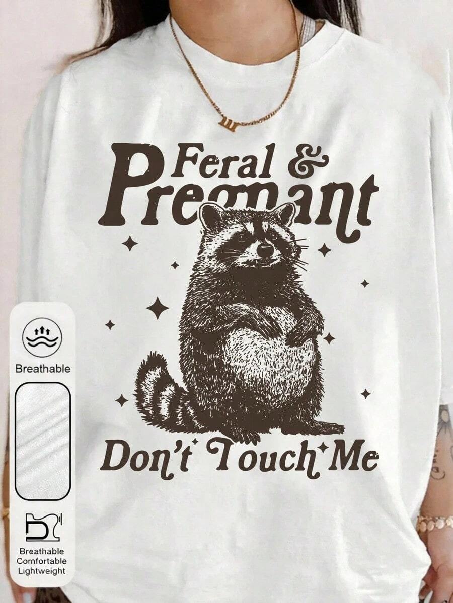 1 Piece Women's Plus Size Summer T-Shirt With Graphic Print "Don't Touch Me" For Pregnant Women, Round Neck, Short Sleeve, Simple Casual Style For Daily Wear, Women's T-Shirts With Wild Raccoon Design, Humorous Summer Clothes For Pregnant Women, Summer T-Shirts For Pregnant Women With Wild Raccoon Design, White Color, 180g, 100% Cotton. - 白色 - 查看 1