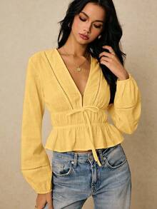 Camisa casual de mujer de unicolor con cuello en V y detalle de nudo en la parte delantera, de manga larga - Amarillo - Ver 5