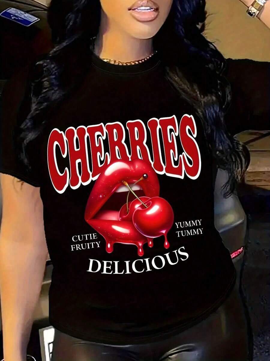 Camiseta Casual Retro de Manga Corta para Mujer - Color Cereza, ¡Linda pero Encantadora!Estampado gráfico, estilo retro urbano, camiseta de verano con cuello redondo, lavable a mano, camiseta linda. - Negro - Ver 1