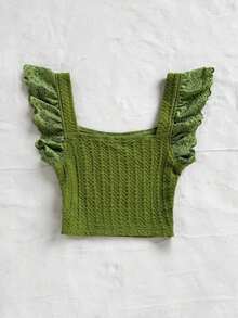 Elegante top corto de mujer de punto con plisados, adornos de encaje floral y diseño ideal para vacaciones - Verde - Ver 2
