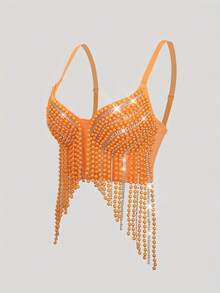 European And American Style Pearl Tassel Fishbone Bustier, Birthday Party Nightclub Dancing Stage Performance Heavy Beaded Rhinestone Vacation Summer - Orange - View 6
