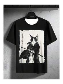 Black T-Shirt With Samurai Cat Print, Loose And Comfortable - Back - View 6