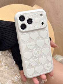 Cute White Heart-Shaped Shell Texture Phone Case For Apple 11/12/13/14/15/16/17 Pro Max, Large Camera Window Shockproof Soft TPU Protective Cover, Girly Aesthetic Shell - White - View 1