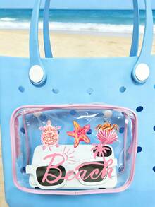 New "Beach" Print Waterproof PVC Beach Bag, Decorated With Shells And Starfish, Beach Accessories, Toiletry Bag, Travel Accessories, Suitable For Decorative Items, Suitable For Travel And Outings, Durable Waterproof And Wear-Resistant, Easy To Clean, Suitable For Bogg Bags, Transparent Bogg Cosmetic Bag With Phone Holder, Internal Compartment Storage Space, Suitable For Travel Cosmetic Bag - Multicolor - View 6
