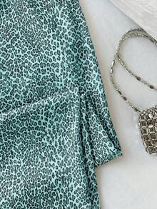 Pantalones anchos de pierna negros con diseño de estampado de leopardo retro elegante, pantalones rectos con cintura elástica con cordón, uso casual, vuelta al colegio - verde menta - Ver 7