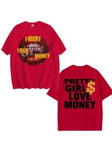 Fly "I Want Your Money" Hip-Hop Style T-Shirt, 100% Cotton, Double-Sided Print, Suitable For Men And Women, The Best Gift For Summer, Casual Short Sleeve T-Shirt - Premium Cotton T-Shirts With Graphic Print And Round Neck - Unisex Loose Fit T-Shirt, Comfortable, Urban Vintage Style. - 紅色 - 查看 3