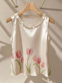 Blusa de tirantes elegante con estampado floral y cuello de perlas brillantes para mujer, adecuada para citas, salidas casuales, ir al trabajo, tomar el té por la tarde, Día de la Madre, Día del Maestro - Multicolor - Ver 5