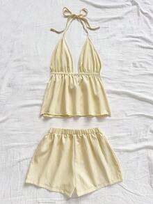 Conjunto de 2 piezas de vacaciones para mujer, top de tirantes con escote en V con textura rojo y shorts sueltos extremadamente cortos, adecuado para citas, fiestas y paseos por la ciudad - Amarillo - Ver 2