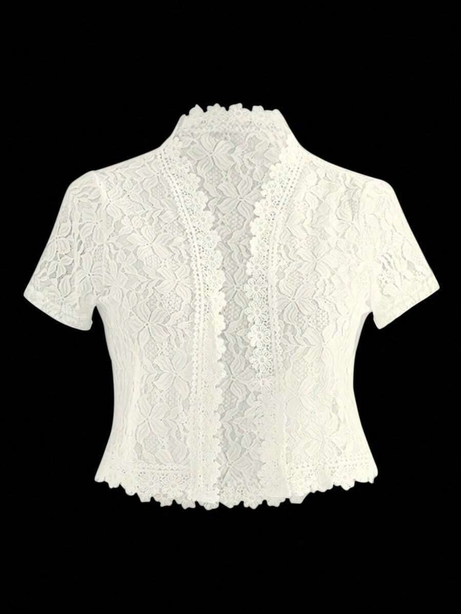 Chaqueta casual de verano para mujer, de unicolor, con parches de encaje en la parte delantera abierta, para ropa de fiesta de vacaciones - Albaricoque - Ver 1